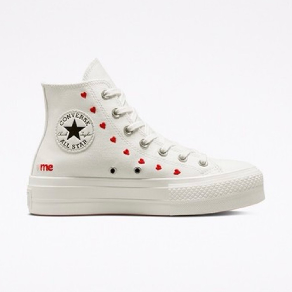 Converse Cream High-Tops with Red Love Detail